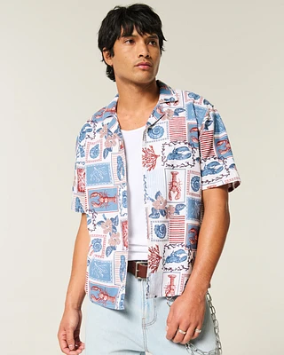 Boxy Linen-Blend Lobster Pattern Shirt