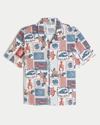 Boxy Linen-Blend Lobster Pattern Shirt