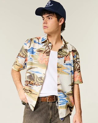 Boxy Hawaii Tropical Pattern Linen-Blend Shirt