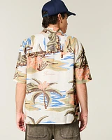 Boxy Hawaii Tropical Pattern Linen-Blend Shirt