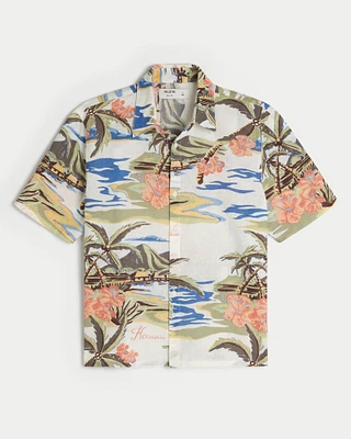 Boxy Hawaii Tropical Pattern Linen-Blend Shirt