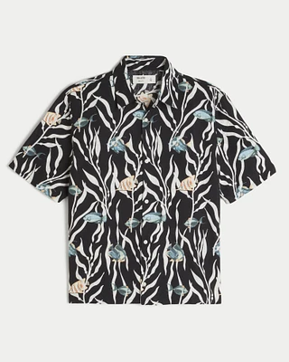 Boxy Tropical Fish Pattern Linen-Blend Shirt