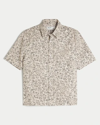 Boxy Short-Sleeve Leopard Print Poplin Shirt