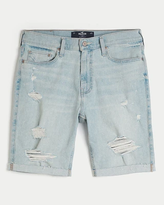 Ripped Light Wash Slim Denim Shorts 9"