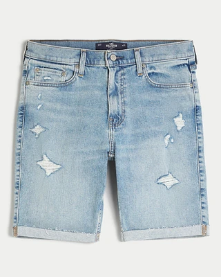 Ripped Medium Wash Slim Denim Shorts 9"