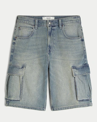 Medium Wash Super Baggy Denim Cargo Shorts