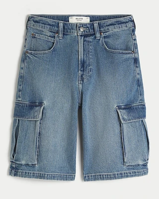 Medium Wash Super Baggy Denim Cargo Shorts