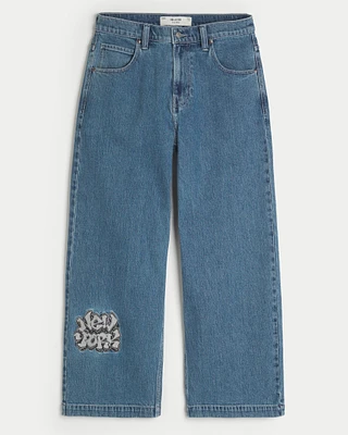 Medium Wash New York Graphic Super Baggy Jeans