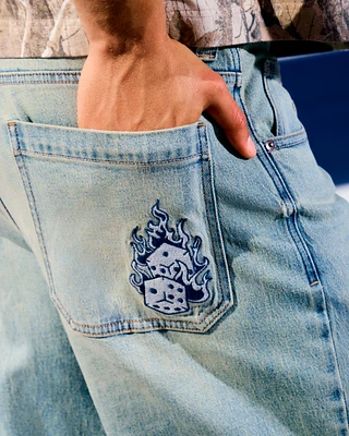 Light Wash Embroidered Dice Skater Baggy Jeans