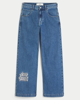 Medium Wash NYC Graphic Super Baggy Jeans
