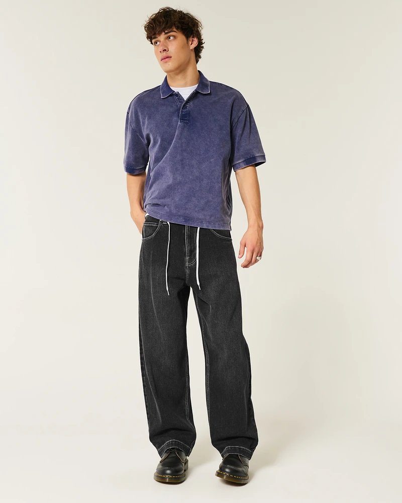 Washed Black Snake Embroidery Baggy Skater Jeans