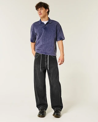 Washed Black Snake Embroidery Skater Baggy Jeans