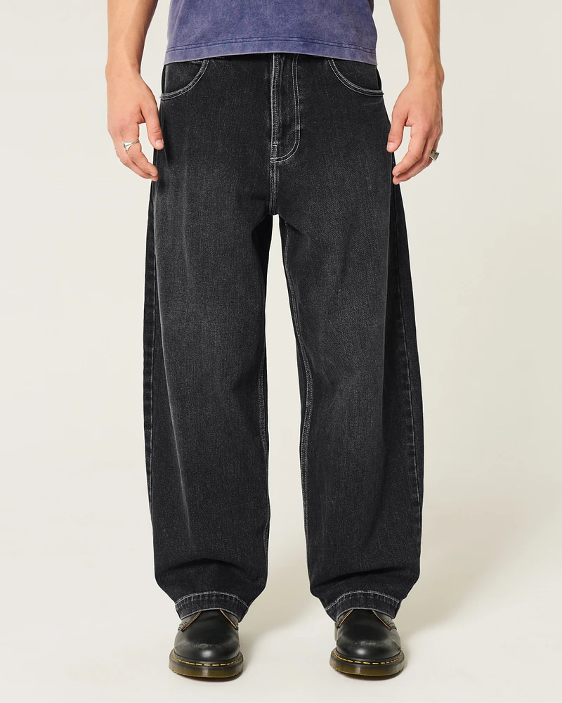 Washed Black Snake Embroidery Baggy Skater Jeans