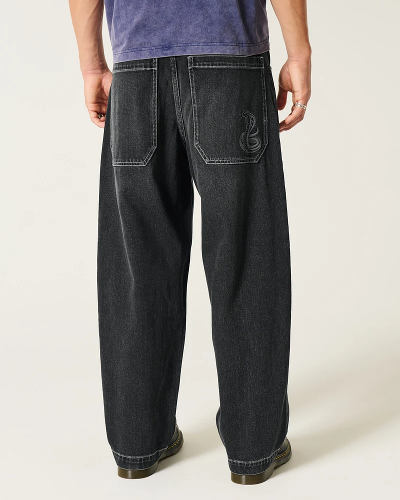 Washed Black Snake Embroidery Baggy Skater Jeans