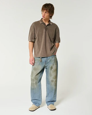 Distressed Greased Medium Wash Baggy Jeans