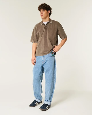Medium Wash Embroidered Graphic Baggy Skater Jeans