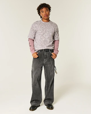 Washed Black Embroidered Super Baggy Jeans