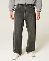 Washed Black Embroidered Skater Baggy Jeans