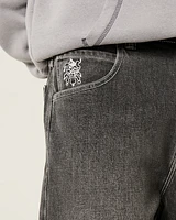 Washed Black Embroidered Skater Baggy Jeans