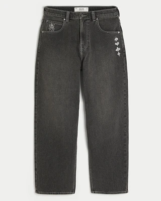 Washed Black Embroidered Skater Baggy Jeans