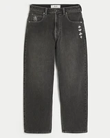 Washed Black Embroidered Skater Baggy Jeans