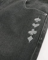 Washed Black Embroidered Skater Baggy Jeans
