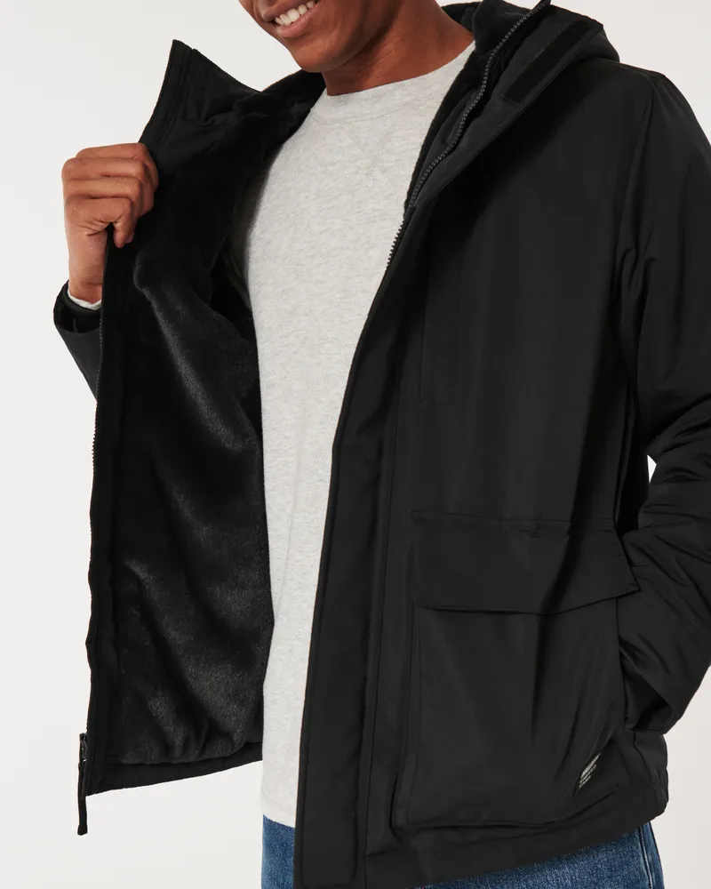 Hollister all weather fleece lined hooded bomber faux fur trim in black