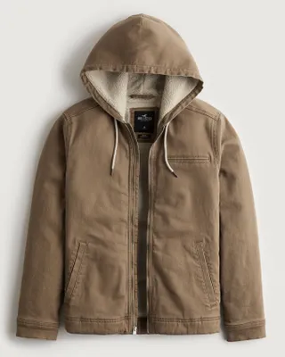 Faux Shearling-Lined Hooded Twill Jacket