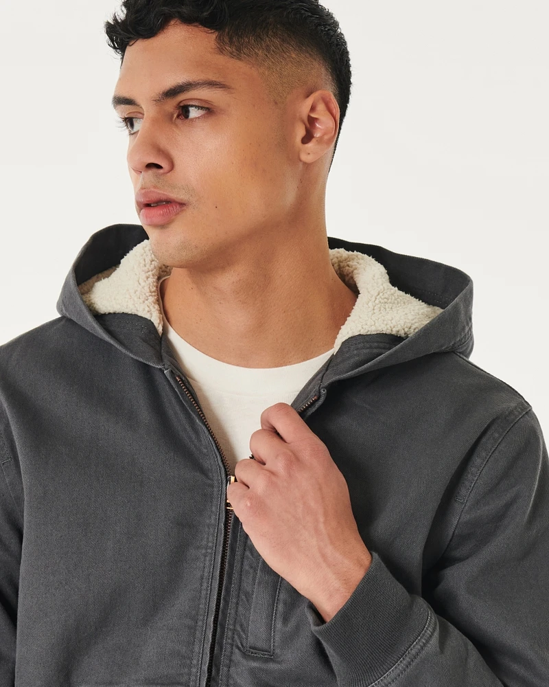 Faux Shearling-Lined Hooded Workwear Jacket