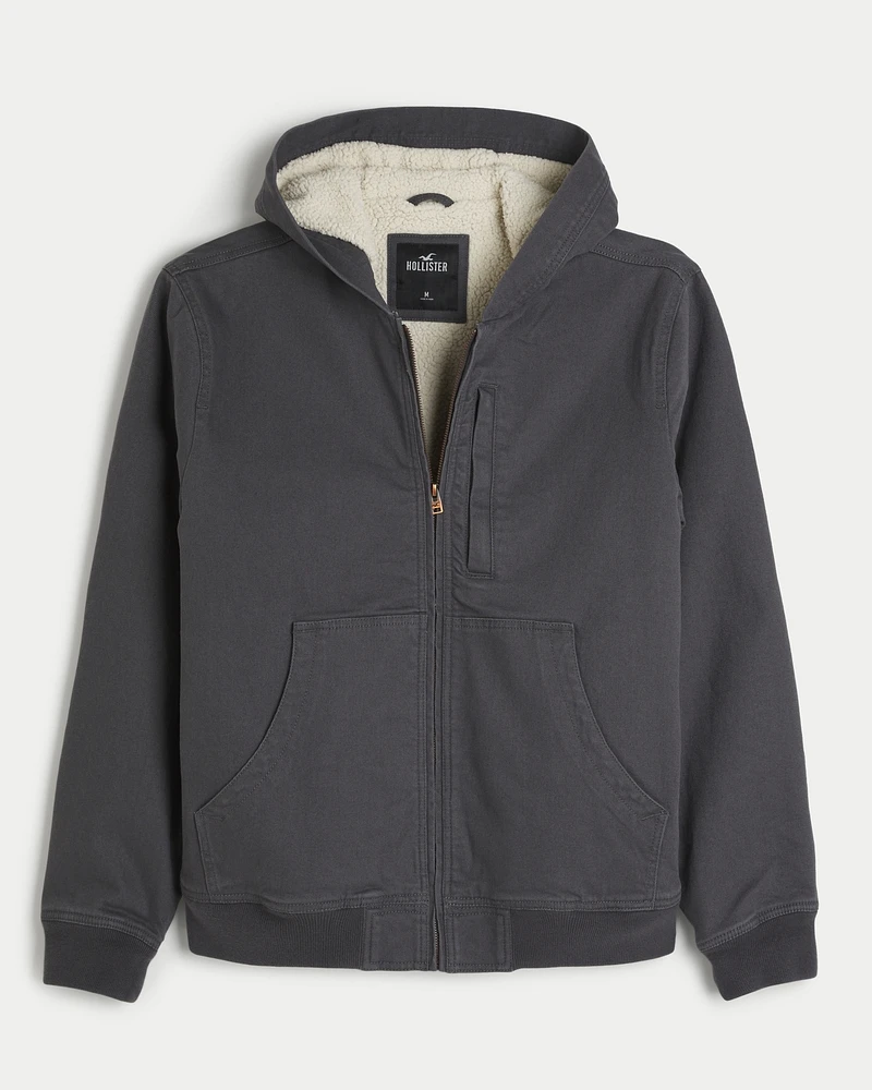 Faux Shearling-Lined Hooded Workwear Jacket