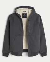 Faux Shearling-Lined Hooded Workwear Jacket