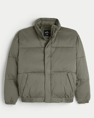 Boxy Twill Mock-Neck Puffer Jacket