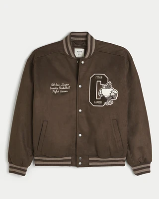 Faux Suede Cedar Rapids Graphic Varsity Jacket