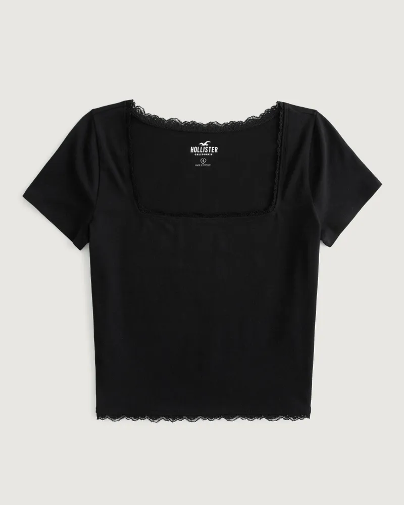 Hollister Lace Trim Henley Long Sleeve Top in Black