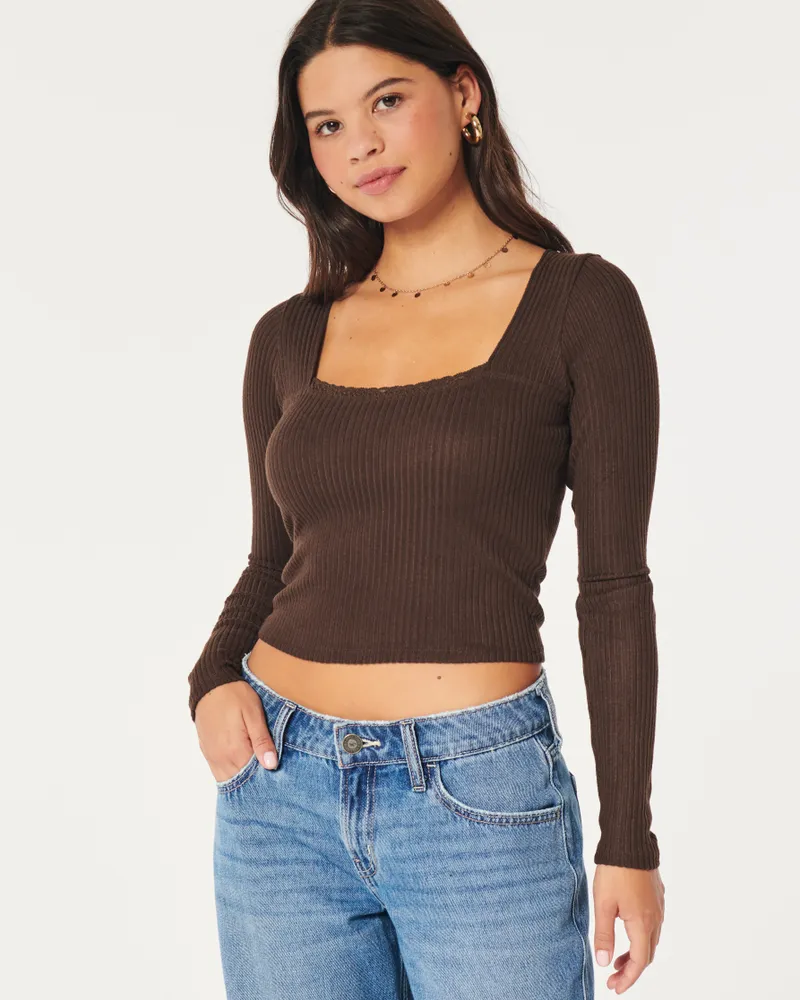 Cozy Ribbed Lace Trim Square-Neck Top