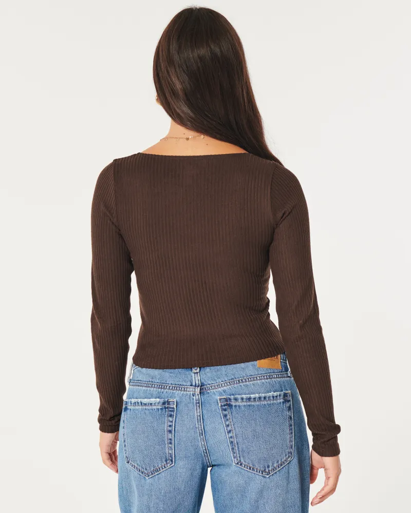 Hollister Cozy Ribbed Lace Trim Square-Neck Top