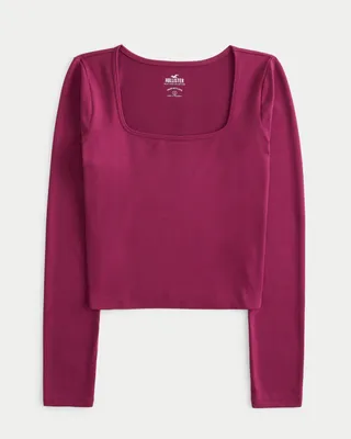 Seamless Fabric Long-Sleeve Square-Neck T-Shirt