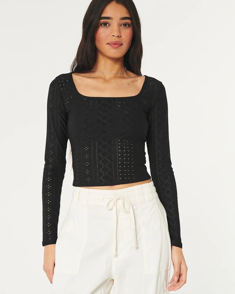 Long-Sleeve Eyelet Square-Neck Top