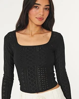 Long-Sleeve Eyelet Square-Neck Top