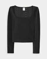 Long-Sleeve Eyelet Square-Neck Top