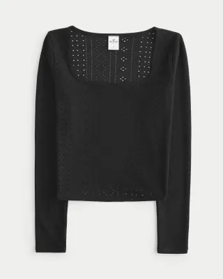 Long-Sleeve Eyelet Square-Neck Top