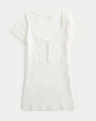 Ribbed Lace Placket Scoop Henley