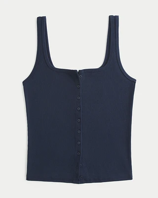 Ribbed Button-Through Square-Neck Tank