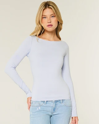 Long-Sleeve Seamless Fabric Slash-Neck Top