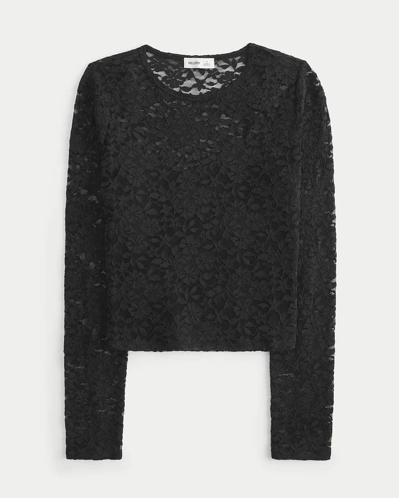 Long-Sleeve All-Over Lace Crew Top