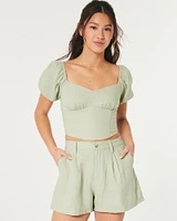 Short-Sleeve Linen Blend Ruched Bust Top