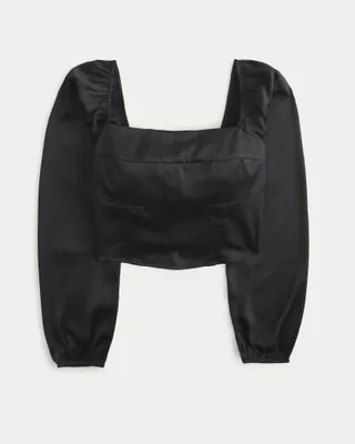 Long-Sleeve Satin Square-Neck Top