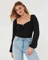 Long-Sleeve Notched Neck Ruched Top