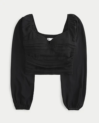 Long-Sleeve Notched Neck Ruched Top