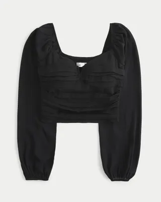 Long-Sleeve Notched Neck Ruched Top